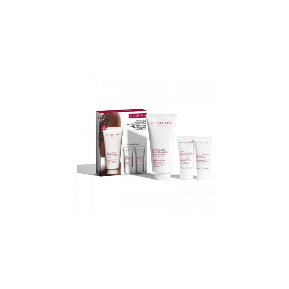 Clarins Essentiels Hydratation & Exfoliant Corps - Balsamo corpo 200 ml + Crema mani 30 ml + Esfoliante 30 ml 