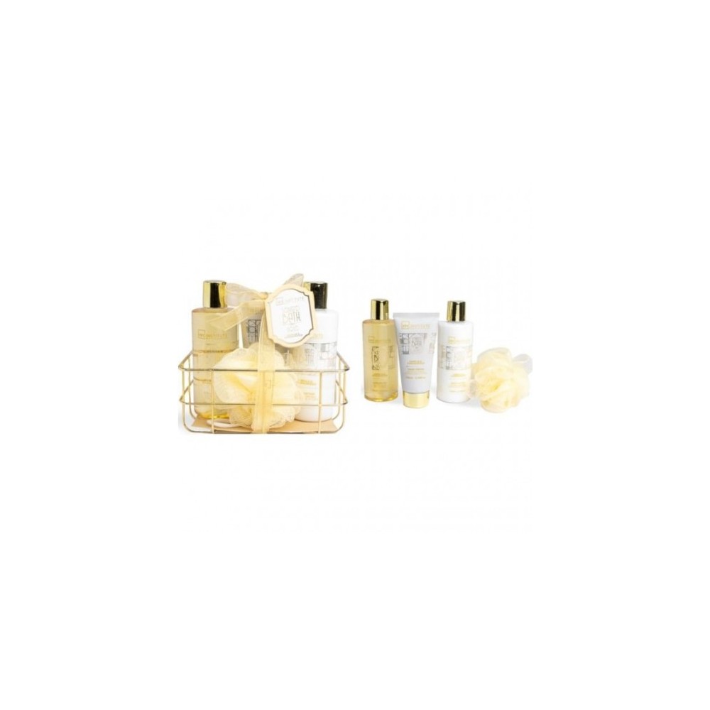 Idc Institute Cofanetto Bath Gold Cestino Vanilla & Sandalwood - Rituale Di Benessere Corpo Profumato 