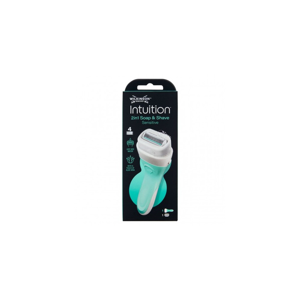 Wilkinson Intuition 2in1 Soap & Shave Sensitive - Rasoio con saponetta vegana integrata a 4 lame 