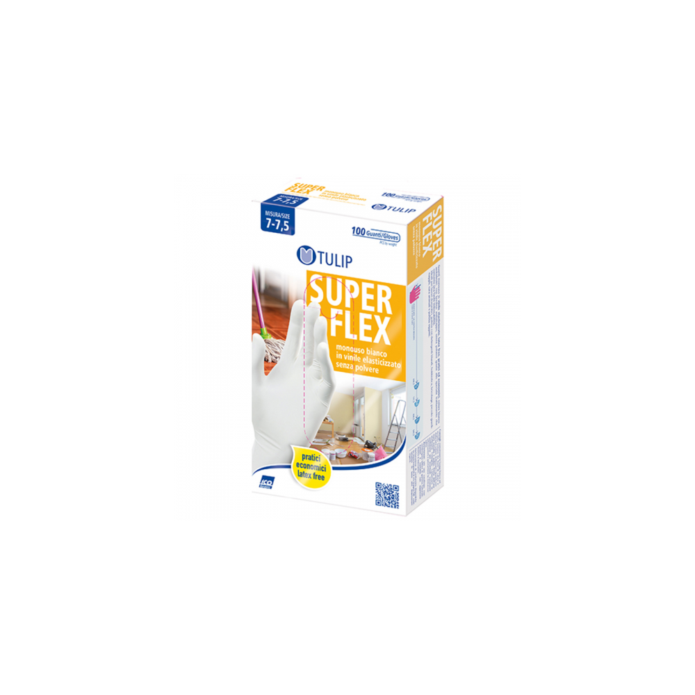 Tulip Super Flex Guanti Monouso In Vinile Elasticizzato Misura M 7-7,5 100 pz 