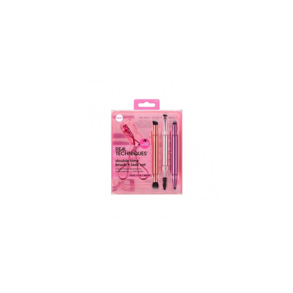 Real Techniques Double Time Brush + Lash Set - Piegaciglia + 3 Pennelli da Trucco a Doppia EstremitÃ  