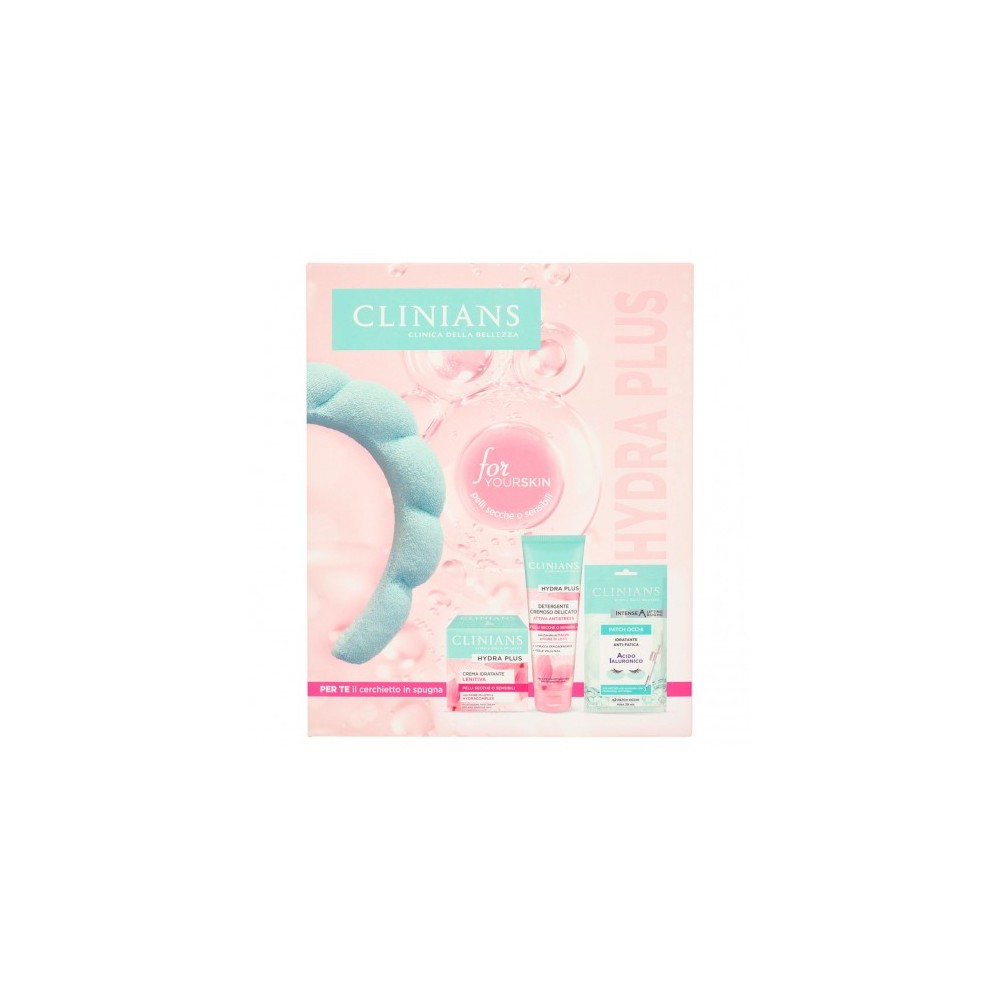 Clinians Hydra Plus - Detergente 150 ml + Crema 50 ml + 2 Patch Occhi + Cerchietto in spugna 